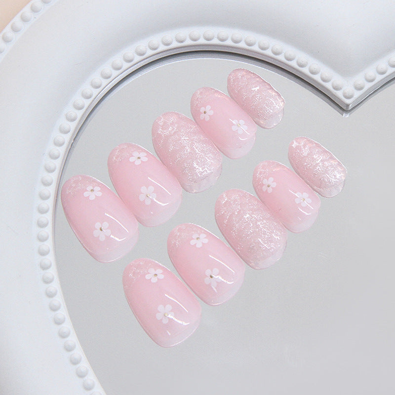 Floral Serenity Short Oval Pink Ombre Press-On Nail Set with Delicate White Flower Accents