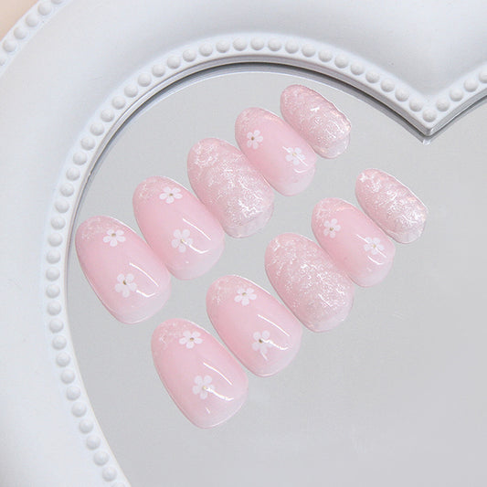 Floral Serenity Short Oval Pink Ombre Press-On Nail Set with Delicate White Flower Accents