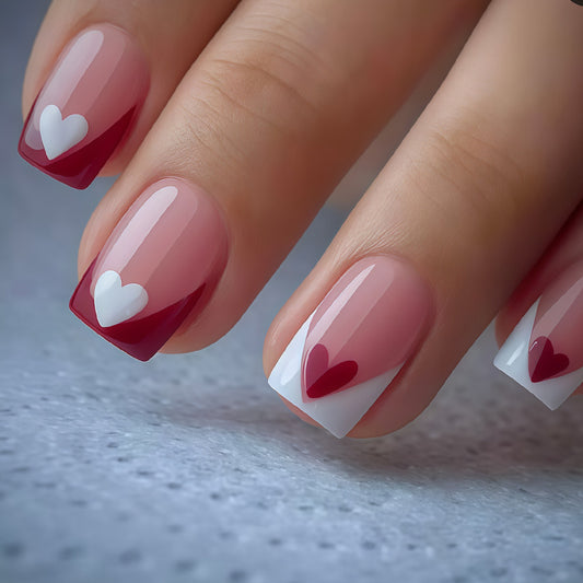 Charming Romance Short Square Glossy Pink with Heart Designs Press on Nail Set