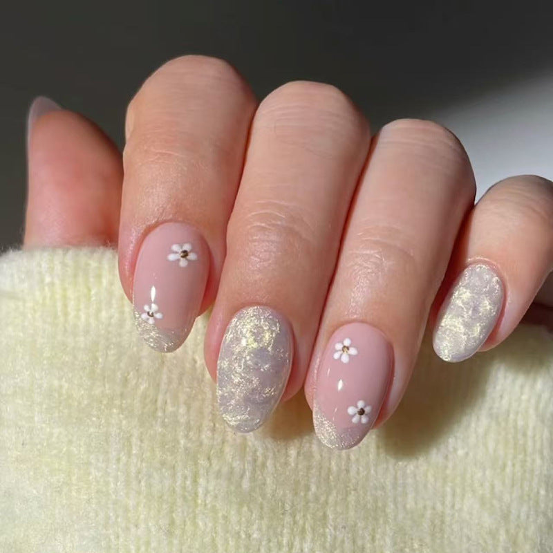 Spring Blossom Reverie Short Oval Light Pink Press-On Nail Set with Floral Accents