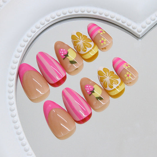 Blossom Adventure Medium Almond Pink and Yellow Floral Press On Nail Set