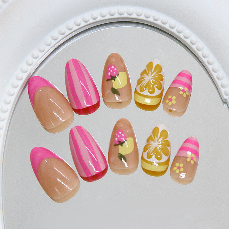 Tropical Blossom Medium Almond Pink and Yellow Floral Print Press On Nail Set
