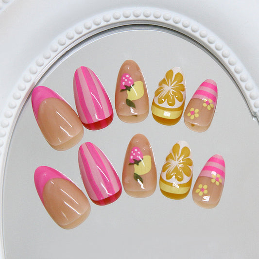 Tropical Blossom Medium Almond Pink and Yellow Floral Print Press On Nail Set
