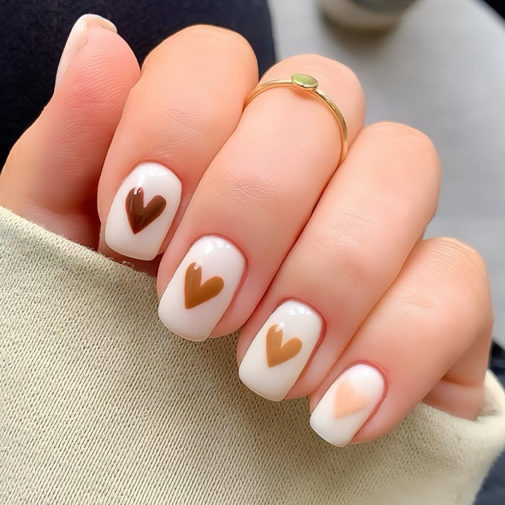 Romantic Hearts Short Square White with Brown Heart Accents Press On Nail Set