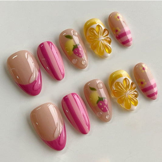 Sunny Garden Delight Medium Almond Pink and Beige Floral and Fruit Design Press On Nail Set