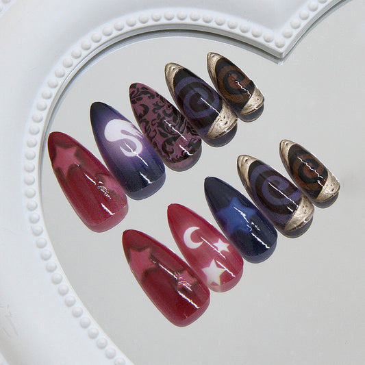Cosmic Dream Press On Nail Set Long Almond Dark Purple and Red with Celestial Patterns