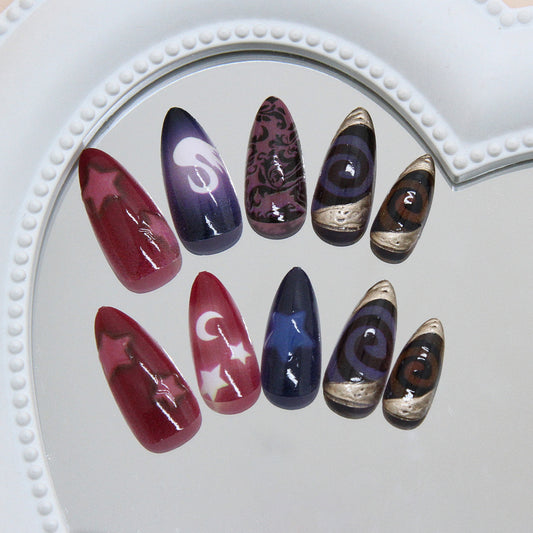 Celestial Dreams Long Almond Shaped Burgundy and Purple Gradient Press on Nail Set with Unique Star and Moon Designs