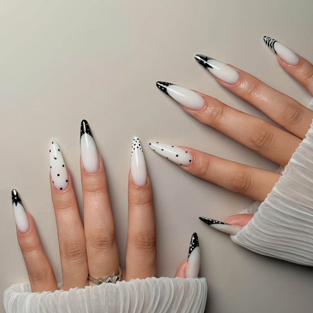 Mystical Elegance Long Almond Shaped White and Black Gradient Press On Nail Set with Unique Pattern Accents