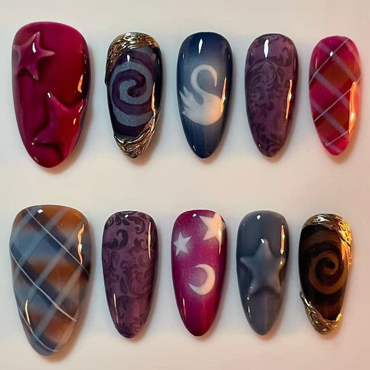 Celestial Dream Press On Nail Set Long Almond Shaped Burgundy and Twilight Hues with Enchanting Star and Swirl Designs
