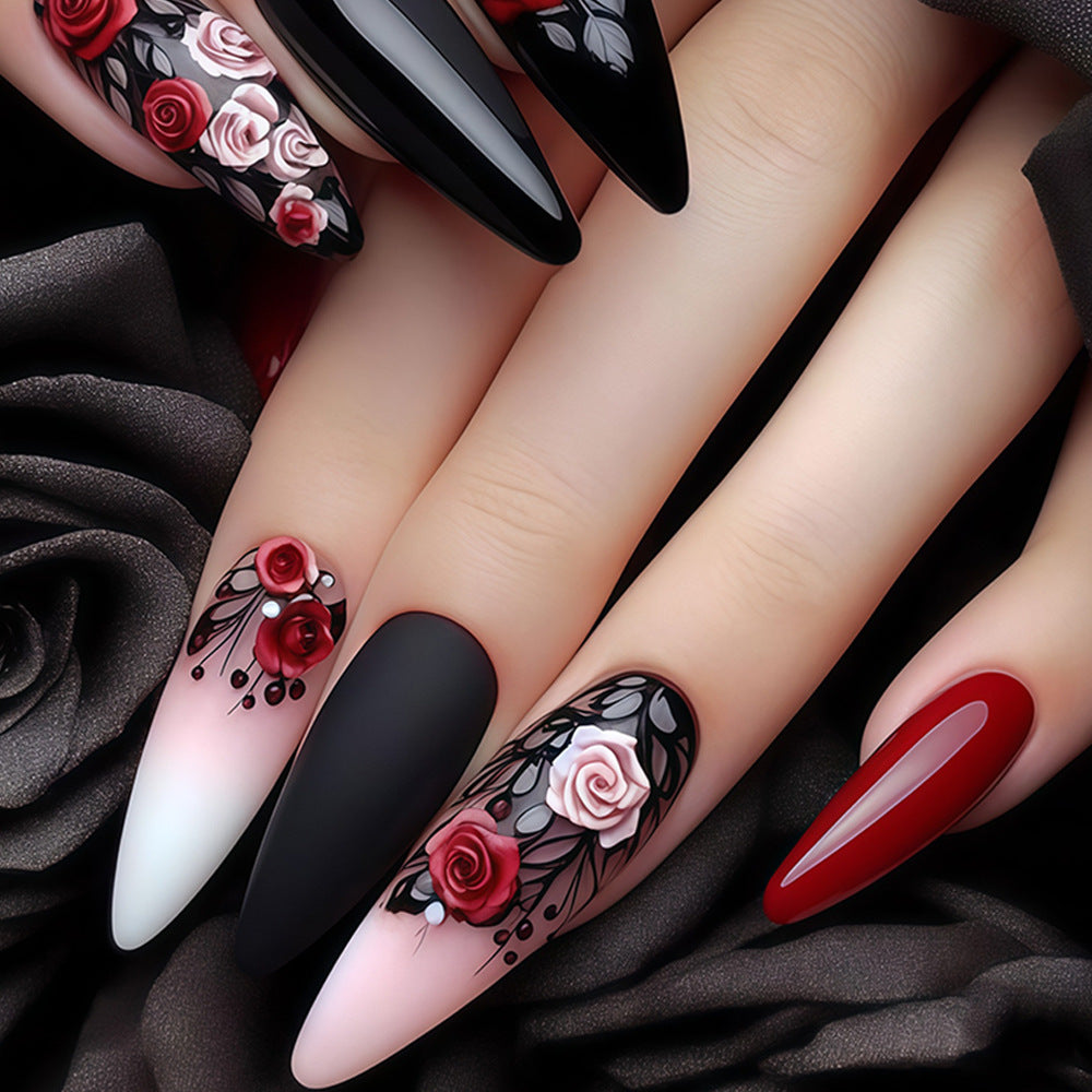 Floral Elegance Long Almond Black Red and White Press On Nail Set with Intricate Rose Designs