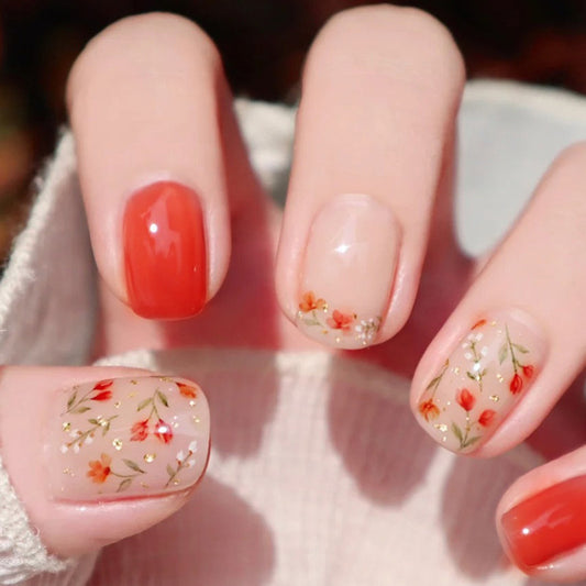 Floral Delight Short Square Red and Transparent Press On Nail Set with Delicate Flower Designs