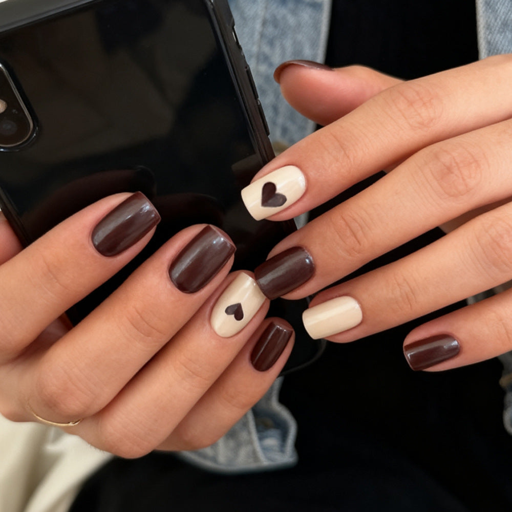Love in Autumn Stylish Short Square Burgundy and Beige Nails with Heart Accents