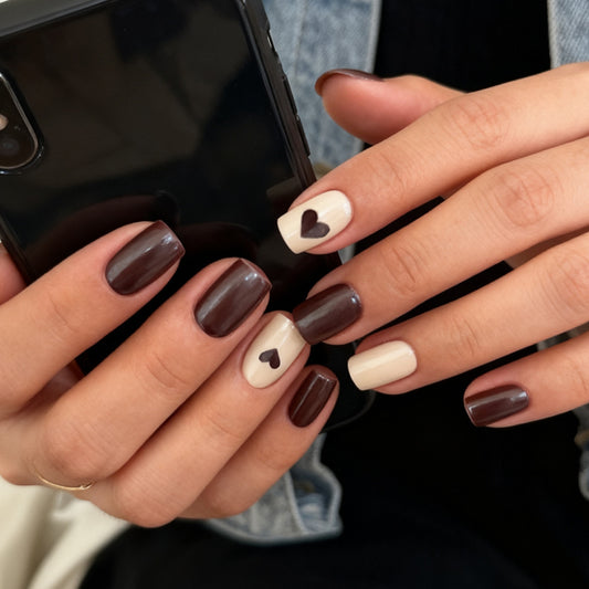 Love in Autumn Stylish Short Square Burgundy and Beige Nails with Heart Accents