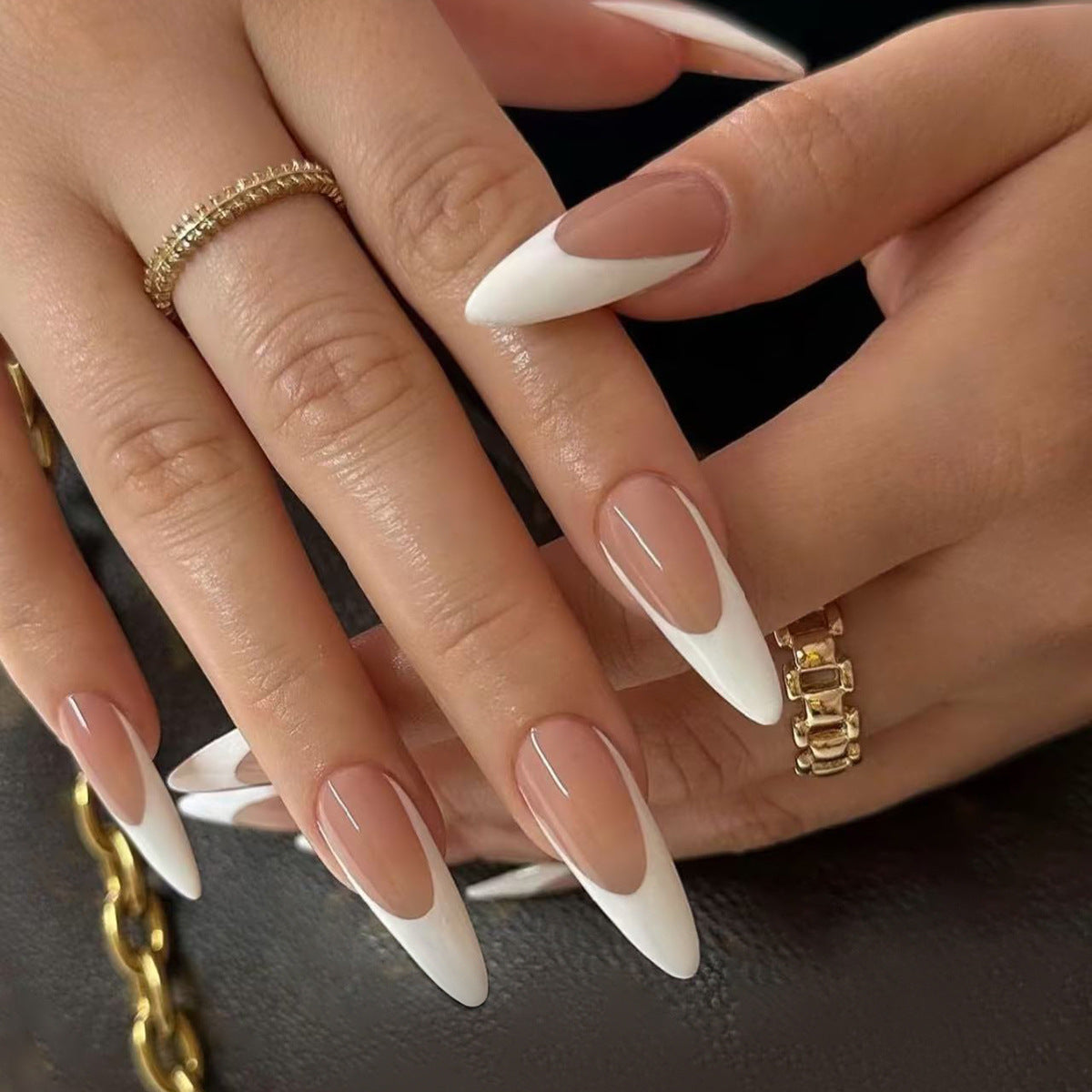 Chic Elegance Long Almond White Ombre Press On Nail Set with a Glossy Finish