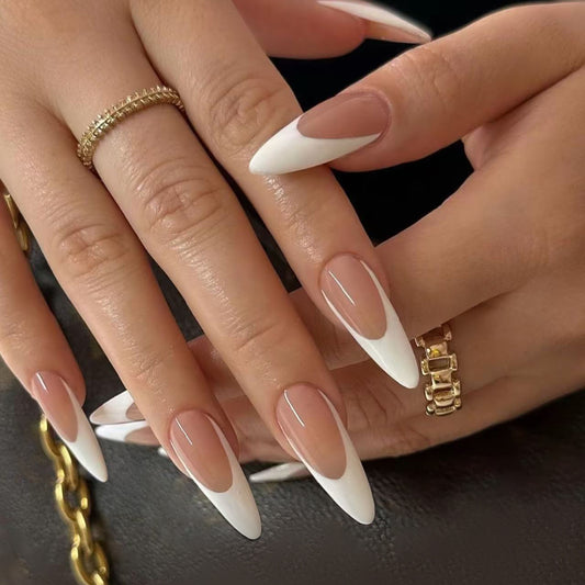 Chic Elegance Long Almond White Ombre Press On Nail Set with a Glossy Finish