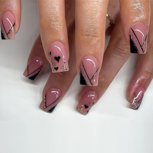 Romantic Vibes Medium Square Pink and Black Press-On Nail Set with Heart and Glitter Accents