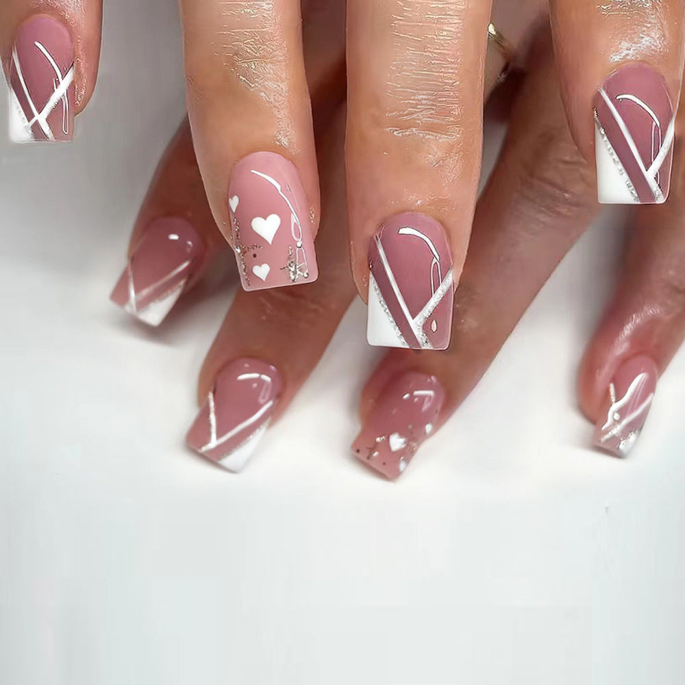 Chic Romance Medium Square Blush Pink with White Accents and Dainty Heart Designs Nail Set