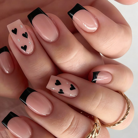 Romantic Charm Soft Pink Medium Square Press-On Nail Set with Elegant Heart and Star Designs