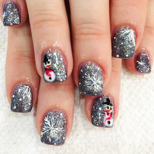 Winter Wonderland Sparkling Short Square Grey Glitter Press-On Nail Set with Festive Snowman Design