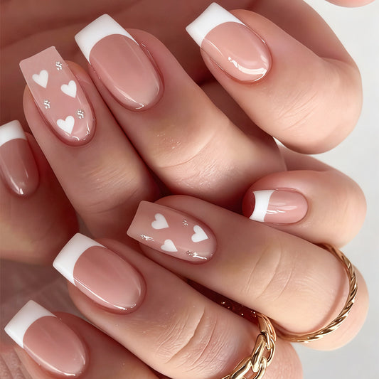 Love Story Elegant Short Square Beige Press On Nails with White Tips and Heart Accents