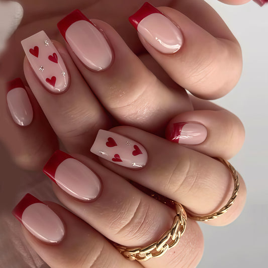 Romantic Charm Short Square Red and Pink Press-On Nail Set with Heart Design and Glitter Accents