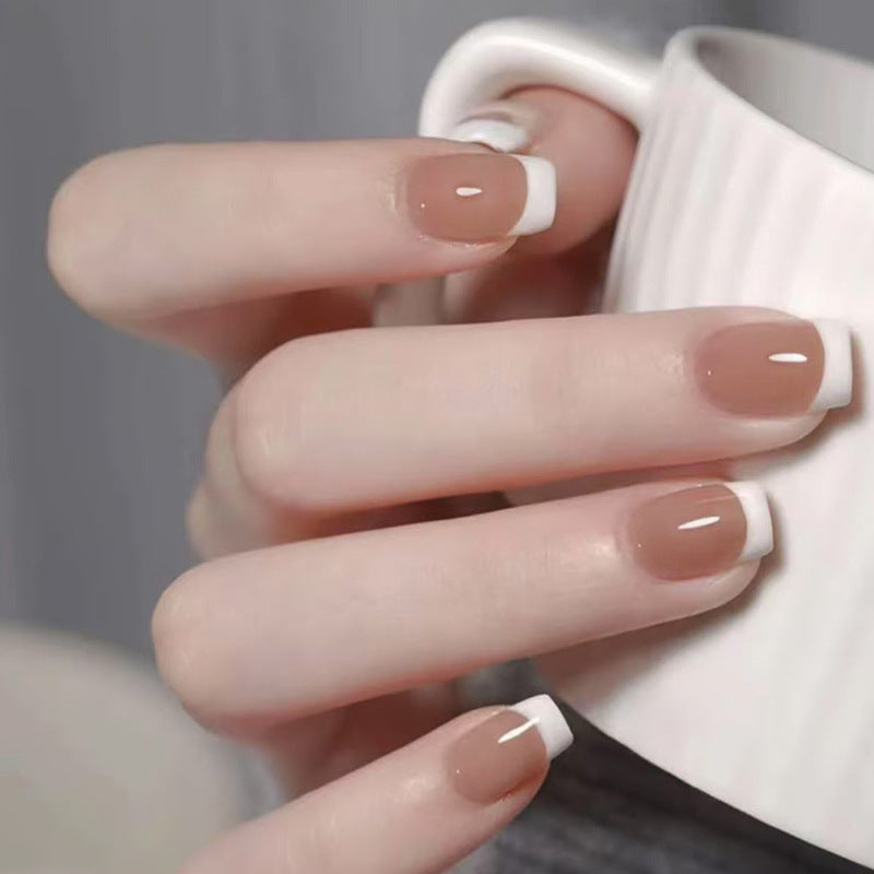 Elegant Glamour Medium Square Beige with Chic White Tips Press On Nail Set