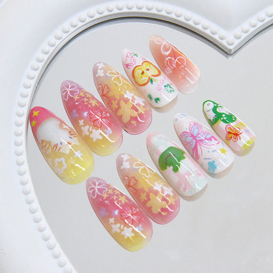 Whimsical Blossom Fantasy Long Almond Pink and Yellow Gradient with Enchanting Floral Designs Press-On Nail Set