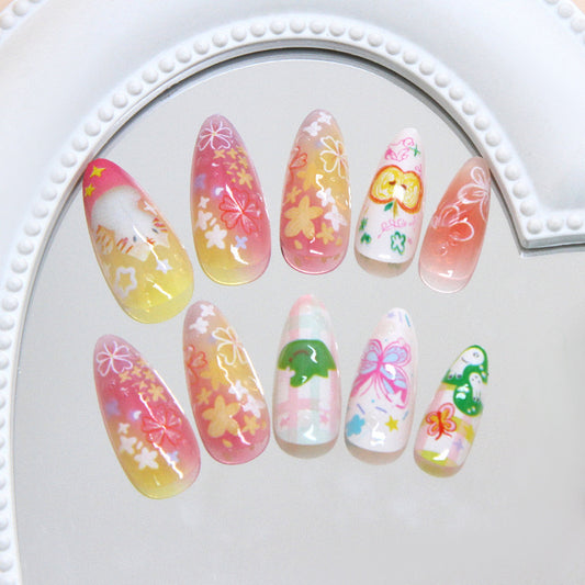 Whimsical Blossom Long Almond Gradient Pink and Yellow Floral Press-On Nail Set
