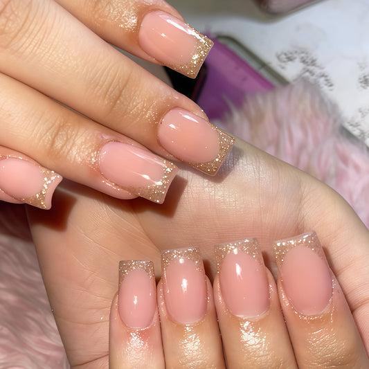 Glamorous Elegance Short Square Pink Nails with Glitter Ombre Finish