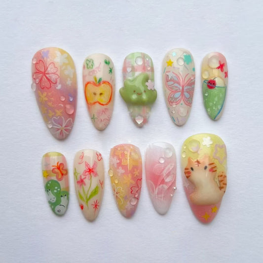 Whimsical Garden Long Almond Pastel Multicolor Featuring Cute Floral and Animal Designs Press-On Nail Set