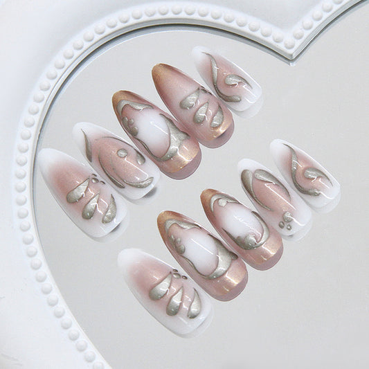Elegant Serenity Long Almond Shaped Blush and White Nails with Metallic Detailing