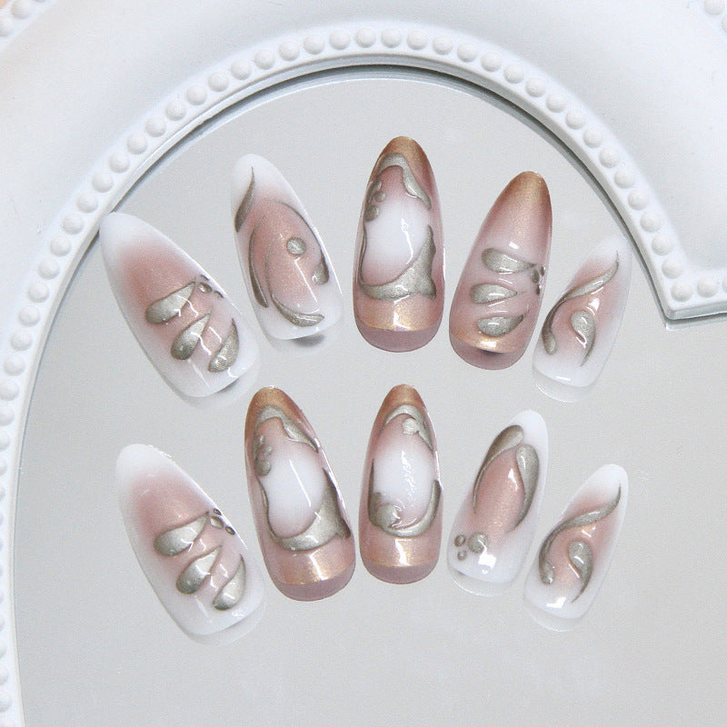 Chic Elegance Long Almond White and Rose Gold Press-On Nail Set with Artistic Silver Detailing