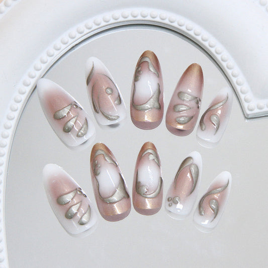 Chic Elegance Long Almond White and Rose Gold Press-On Nail Set with Artistic Silver Detailing