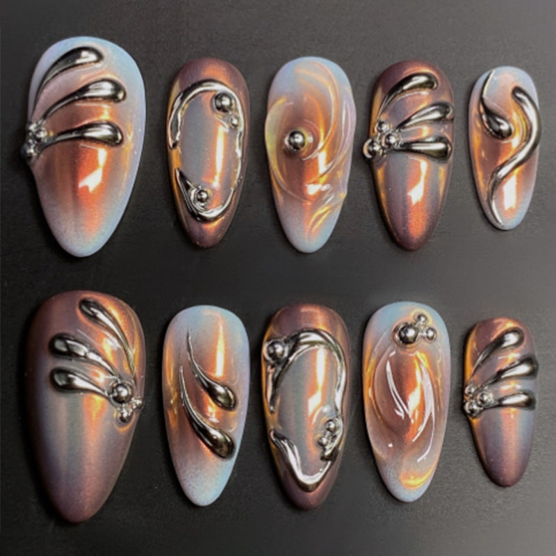 Celestial Glow Elegant Long Almond Gradient with Shimmering Metallic Accents Nail Set