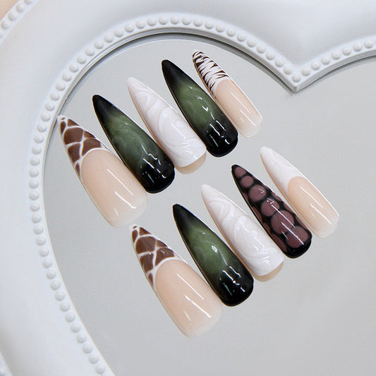 Whimsical Forest Inspired Long Stiletto Gradient Green and Ivory Nail Set with Unique Marble Design