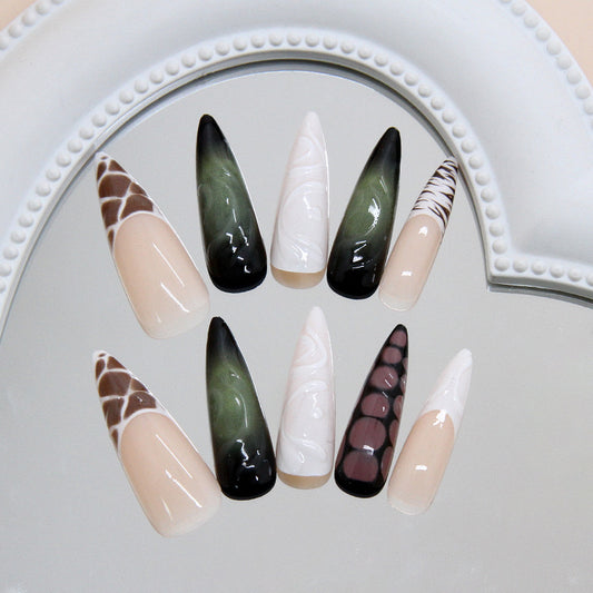 Elegant Jungle Fantasy Long Stiletto Green and Black Ombre with Intricate Swirl Patterns Press on Nail Set
