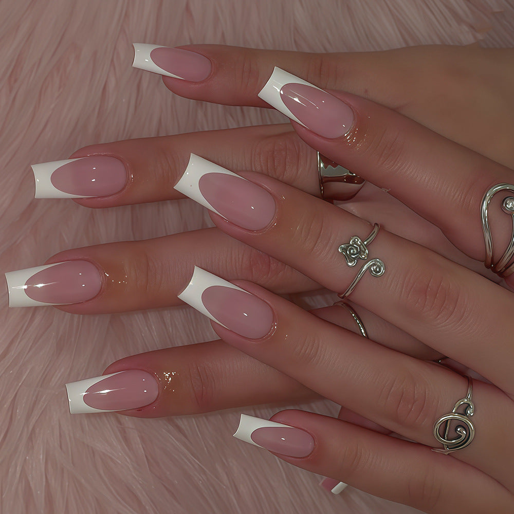 Glamorous Pink and White Long Square Press On Nail Set with Unique Color Block Design