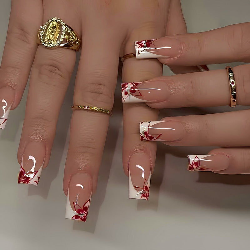 Floral Fantasy Medium Square White and Red Press On Nail Set with Elegant Flower Design