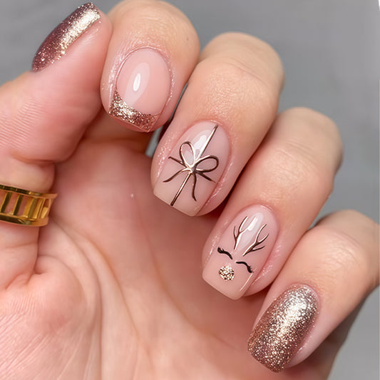 Festive Glamour Short Square Pink with Shimmering Glitter and Elegant Bow Design Press-On Nail Set
