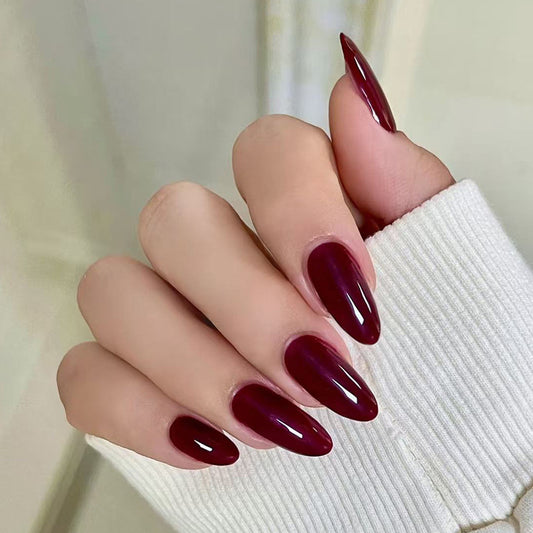Glamourous Elegance Long Almond Shaped Deep Burgundy Glossy Press On Nail Set
