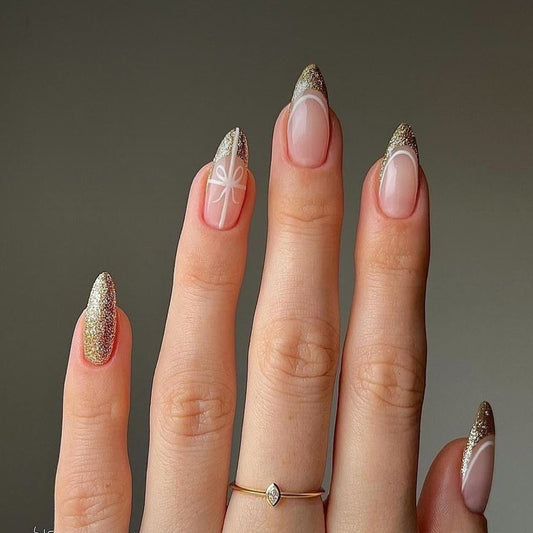 Glamorous Festive Short Almond Length Beige and Gold Glitter with Chic White Detailing Press On Nail Set