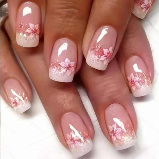 Blossom Elegance Medium Square Pink Ombre with Floral Accents Press On Nail Set