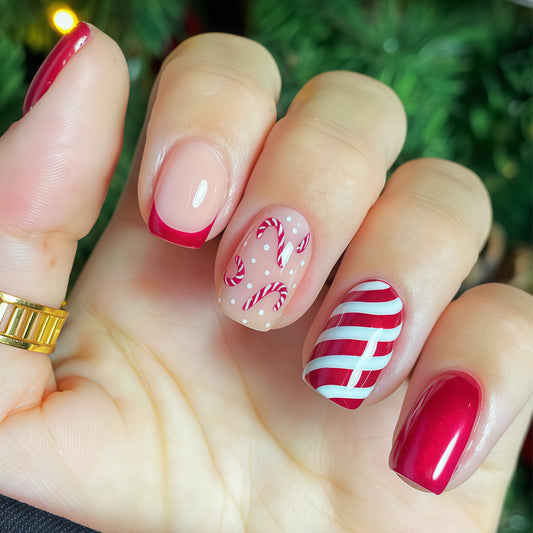 Sweet Holiday Delight Short Square Red with Candy Cane Art Press on Nail Set