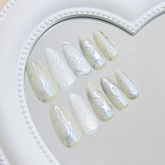 Celestial Dreams Long Almond Shaped Translucent Green with Shimmering Silver Star Designs Press On Nail Set