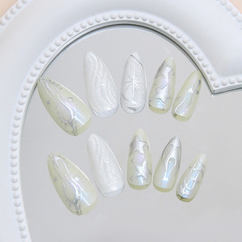 Celestial Dream Recreation Long Almond Shaped Iridescent White with Sparkling Star Accents Press-On Nail Set
