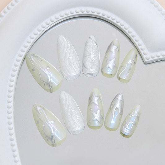 Celestial Dream Recreation Long Almond Shaped Iridescent White with Sparkling Star Accents Press-On Nail Set