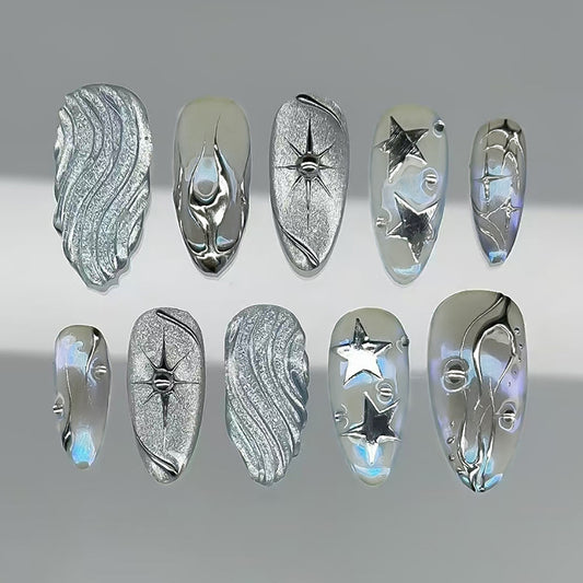 Celestial Silver Long Almond Shape Press On Nail Set with Unique Textured Designs
