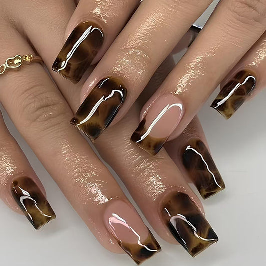 Elegant Autumn Charm Long Square Glossy Brown Ombre Nail Set with Unique Marbled Effect