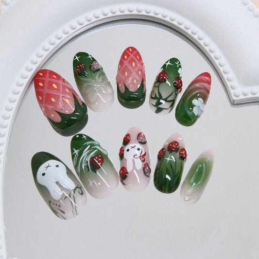 Whimsical Garden Green Medium Almond Multicolor Press On Nail Set with Strawberry and Floral Art