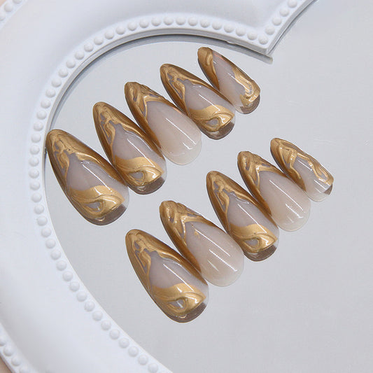 Glamorous Elegance Long Almond Gradient Ivory and Gold Marble Press on Nail Set